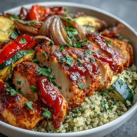 Roasted red bell peppers and onions top fluffy quinoa with sliced paprika herb chicken roasted vegetable quinoa bowl and rose harissa drizzle in a white ceramic bowl.
