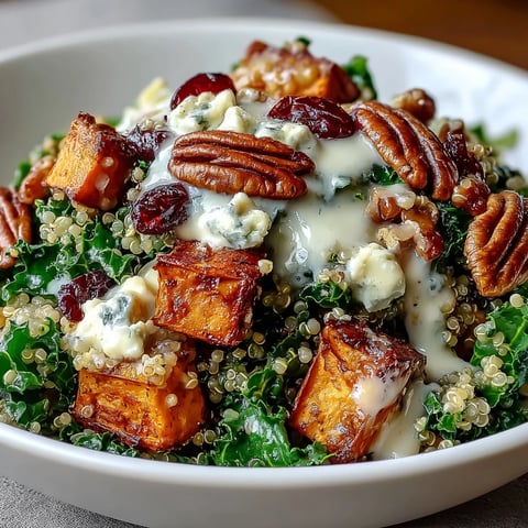 Golden roasted sweet potatoes and fluffy quinoa are layered with massaged kale and tangy blue cheese in this Harvest Kale Quinoa Bowl.