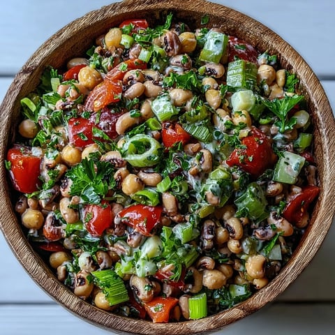 Freshly diced red bell pepper and celery mix with chickpeas and black-eyed peas in creamy tahini dressing for a New Years Hoppin John Salad.