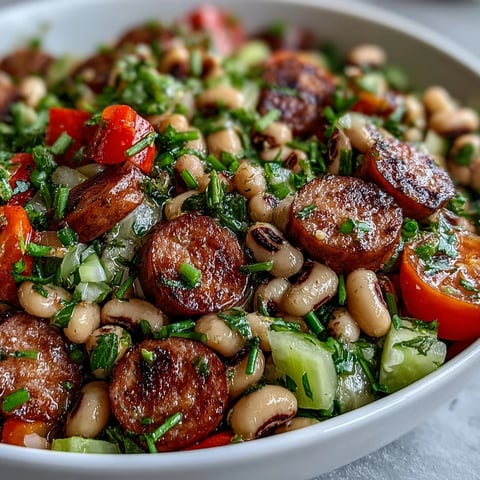 Freshly tossed Hoppin John Style Black-Eyed Pea Salad with turkey sausage, diced red bell peppers, and cherry tomatoes on a plate.