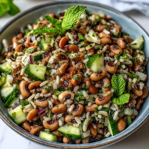 Southern Black Eyed Pea Salad served chilled in a white bowl with fresh mint and diced red onion.