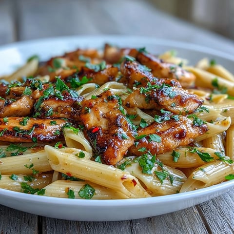 Golden honey pepper chicken strips glisten alongside al dente penne pasta in a glossy skillet, ready to serve for a quick weeknight dinner.  