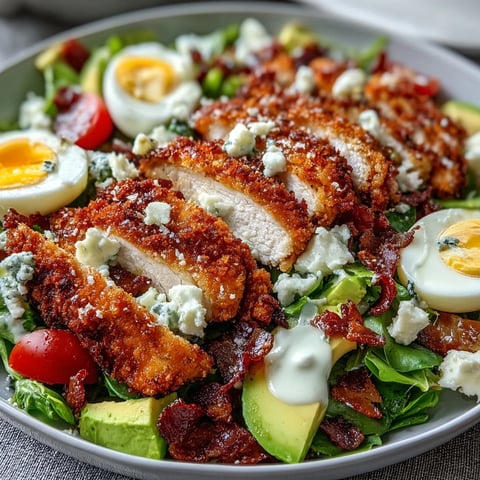 Golden-baked Parmesan-crusted chicken thighs sliced over a colorful Cobb salad with fresh greens, avocado, and cherry tomatoes.  