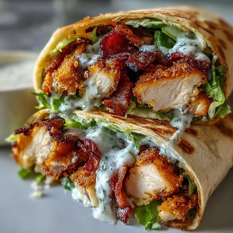 Golden-brown crispy chicken thighs and smoky bacon slices layered over crisp romaine inside a soft flour tortilla, drizzled with creamy Caesar dressing.