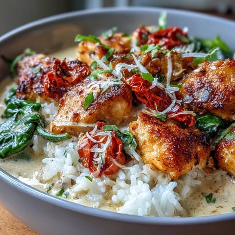 Golden chicken cubes nestled in creamy Tuscan rice, dotted with vibrant spinach and sun-dried tomatoes in a rustic skillet.  