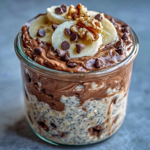 Creamy Chunky Monkey Protein Overnight Oats layered with banana slices, peanut butter drizzle, and chopped walnuts in a glass jar.