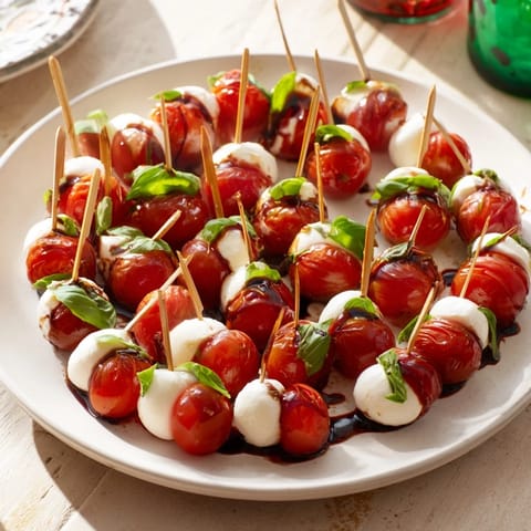 Vibrant skewers of fresh ingredients: cherry tomatoes, basil, and mozzarella, composing Caprese salad.