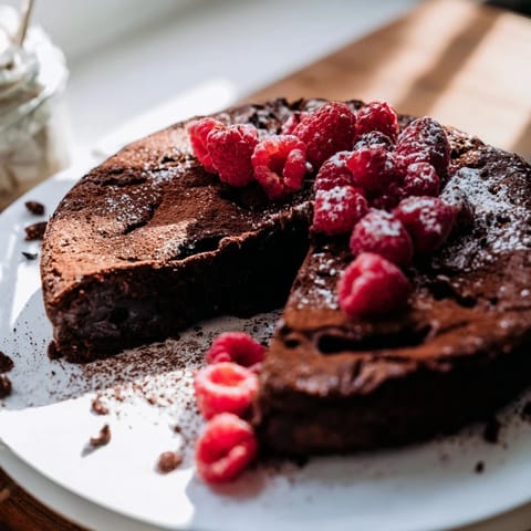 A slice of rich, fudgy decadent flourless chocolate cake, perfect for a gluten-free dessert.
