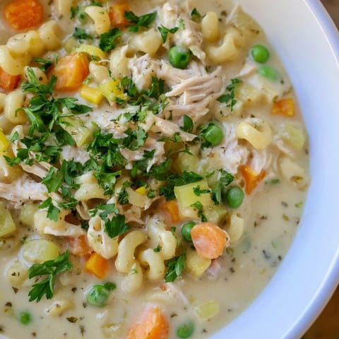 Hearty Chicken Pot Pie Pasta Soup featuring tender chicken and a rich, savory broth.