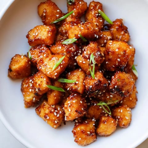 Golden, bite-sized Honey-Sriracha Chicken pieces, coated in a sticky sauce perfect for dipping.