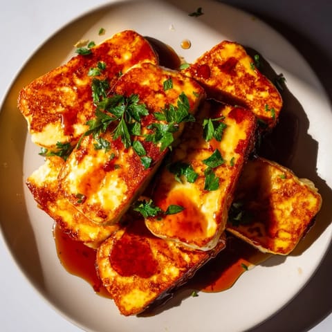 Crispy pan-fried halloumi, drizzled with sweet and spicy hot honey, ready to serve as a snack.