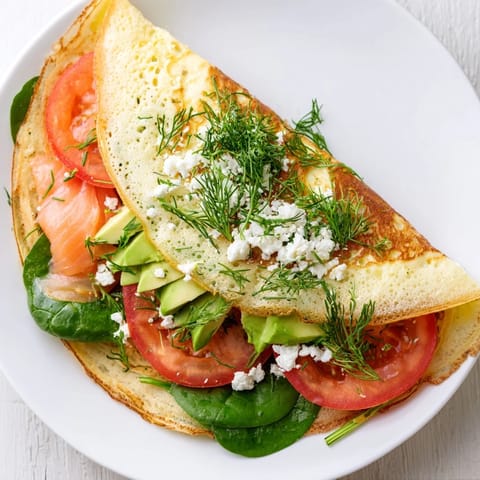 Thin and delicate, a cooked Blender Egg Crepe Wrap overflowing with fresh, vibrant fillings.