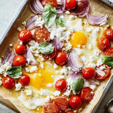 Golden-yolked Tomato Feta Baked Eggs alongside juicy tomatoes, a simple, delicious breakfast.