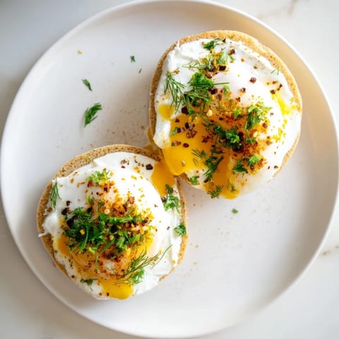 Enjoy a plate of flavorful Çılbır Eggs Benedict; the poached eggs sit atop garlicky yogurt.