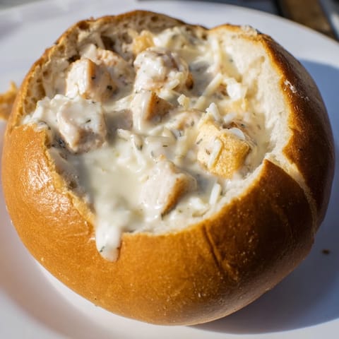 Warm, luscious chicken Alfredo sauce overflowing from a toasted bread bowl, ready for a cozy family dinner.