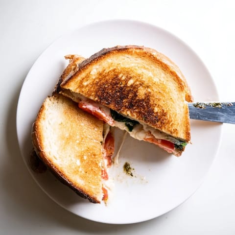 Melted mozzarella and vibrant tomato slices peek from toasted sourdough in this Caprese Pesto Grilled Cheese.