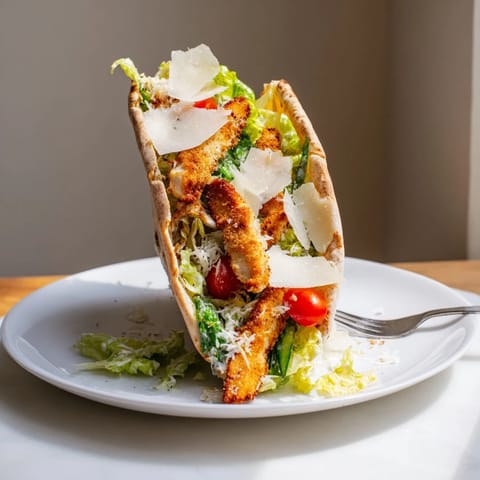A close-up of a crispy herbed chicken Caesar pita, showcasing crunchy breading, fresh romaine, and vibrant cherry tomato halves.