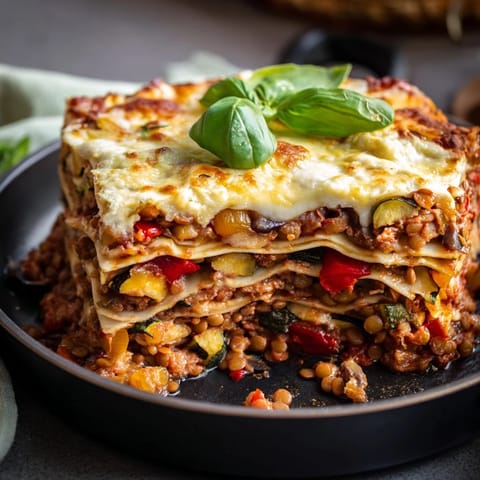 A close-up of One-Pan Smoky Veggie Lentil Lasagne shows smoky lentils, mushrooms, and zucchini nestled between tender no-boil sheets.  