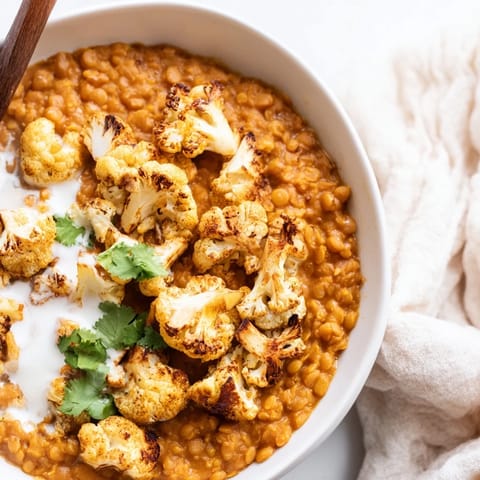 Creamy red lentil dhal topped with golden, cumin-roasted cauliflower florets, fresh cilantro, and vibrant spices in a warm bowl.  