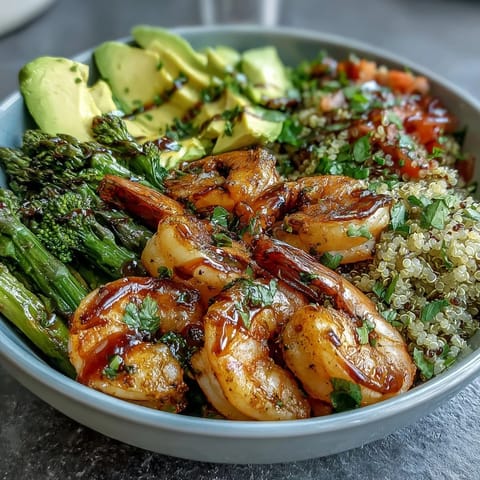 Hearty Detox Buddha Bowl with Shrimp and Quinoa features steamed asparagus, crunchy red cabbage, juicy tomato, and a glossy balsamic drizzle.
