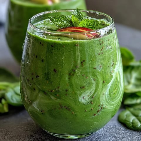 A vibrant Green Detox Smoothie in a glass garnished with mint, blending romaine, spinach, and apple for a refreshing morning boost.