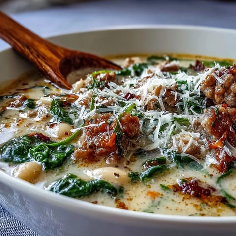 A bowl of Epic Creamy Tuscan White Bean Soup With Sausage served beside crusty bread for dipping.