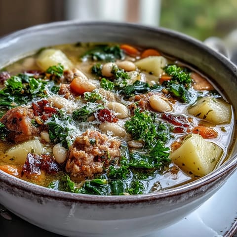 Creamy Tuscan White Bean Sausage Soup topped with grated Parmesan, served with rustic bread for dipping into the hearty broth.