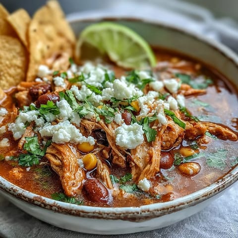 A comforting bowl of Chicken Tortilla Soup topped with creamy avocado slices, crumbled cotija, and chopped fresh cilantro.