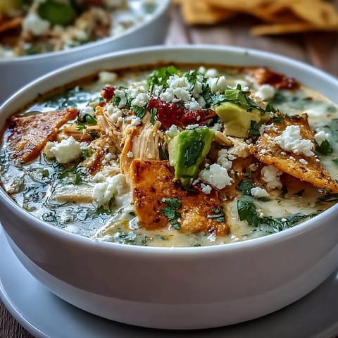 Creamy Chicken Tortilla Soup is ladled into a bowl, garnished with fresh cilantro and a lime wedge for bright flavor.