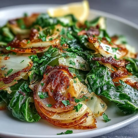 Golden, caramelized edges on tender cabbage sautéed with garlic and Mediterranean spices, sprinkled with fresh parsley in a skillet.