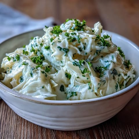 Freshly chopped parsley garnishes this warm Creamed Cabbage side dish, served alongside roasted chicken on a rustic plate.
