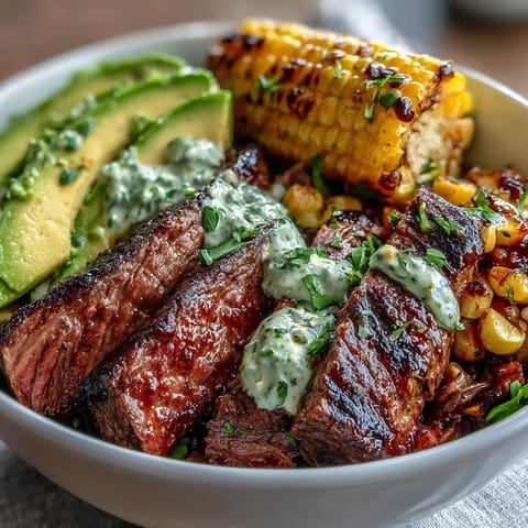 Tender steak and creamy avocado mingle with roasted corn and cherry tomatoes, finished with a zesty cilantro cream drizzle. 