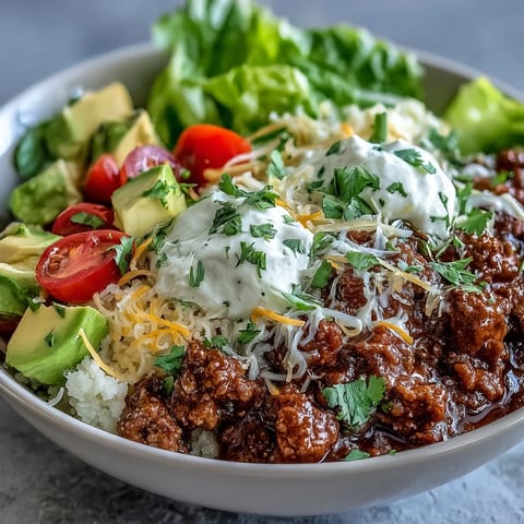 A fork lifts cheesy, spiced beef and cauliflower rice from a Low Carb Burrito Bowl topped with sour cream.