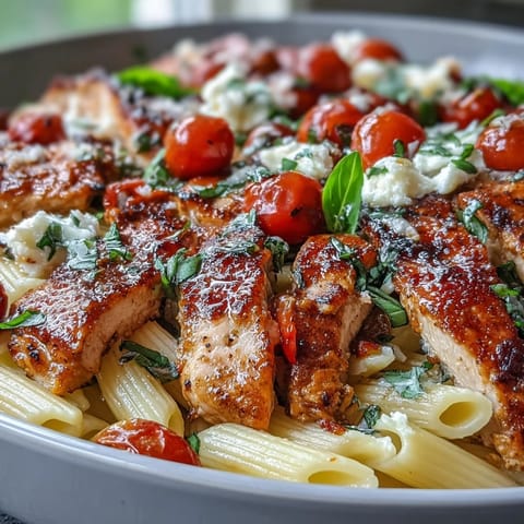 Creamy mozzarella melts into a vibrant tomato-balsamic sauce coating penne noodles in this Bruschetta Chicken Pasta.