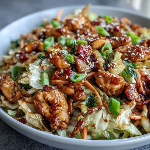 A quick, one-pan dinner topped with scallions and chili crisp, showcasing vibrant carrots and cabbage in these Egg Roll Bowls with Chicken and Cabbage.