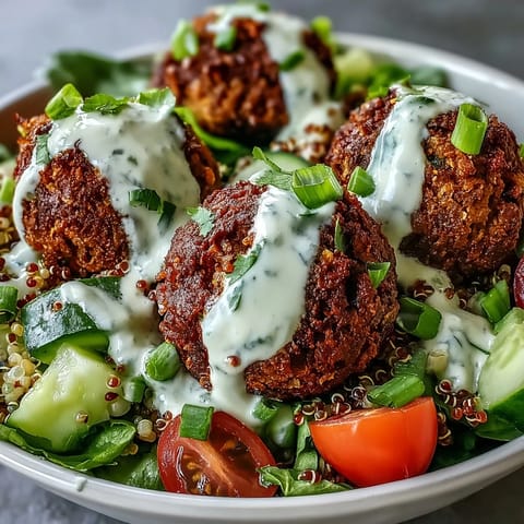 Golden falafel patties resting on a bed of quinoa, surrounded by fresh diced cucumbers and halved cherry tomatoes for texture.
