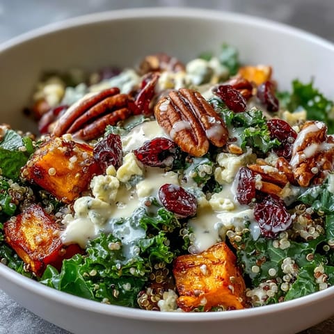 A finished Harvest Kale Quinoa Bowl topped with crunchy pecans, sweet dried cranberries, and a creamy lemon tahini dressing.
