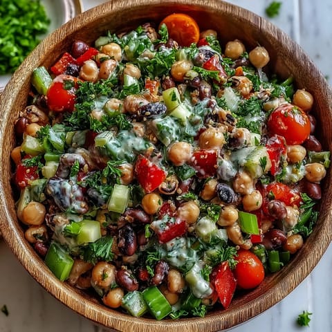 Fluffy chilled rice and halved cherry tomatoes join green onions and parsley in this vibrant vegan New Years Hoppin John Salad.
