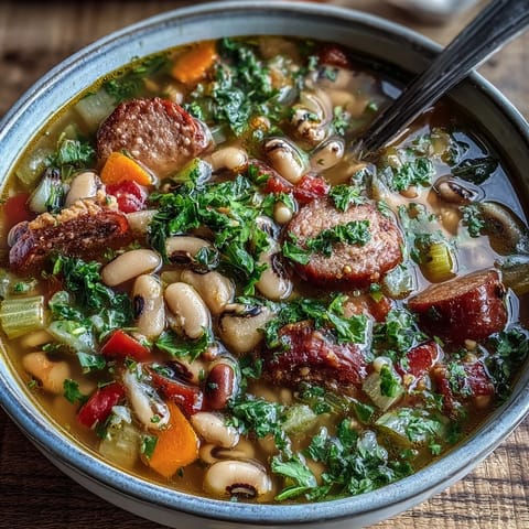 Close-up of a warm bowl of Black-Eyed Peas and Sausage Soup topped with fresh parsley and grated Parmesan.