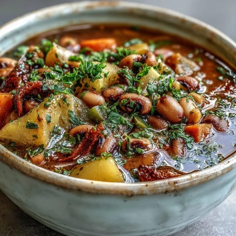 A hearty bowl of Black-Eyed Pea Stew featuring tender vegetables and savory tomato broth, ready to serve.