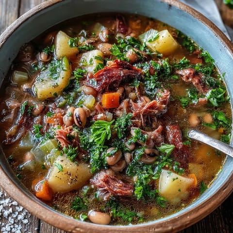 Hearty Black-Eyed Pea Stew with Smoked Ham Hocks steaming in a rustic bowl, garnished with fresh parsley and a side of cornbread.
