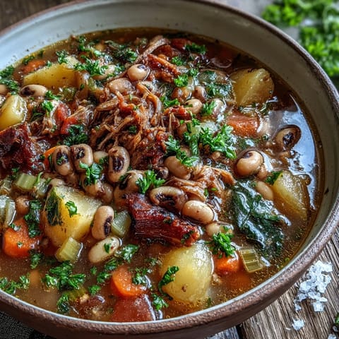 Close-up of Black-Eyed Pea Stew with Smoked Ham Hocks, featuring tender shredded ham, carrots, and potatoes in a rich, savory broth.