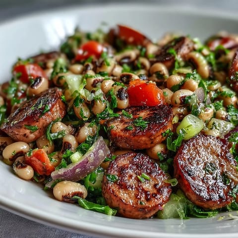 Creamy mustard-tarragon dressing being drizzled over the Hoppin John Style Black-Eyed Pea Salad with turkey sausage and vegetables.