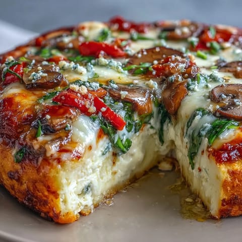 This low-carb Cottage Cheese Pizza Bowl features a rich layer of cottage cheese, vibrant chopped veggies, and gooey mozzarella, served in a rustic ceramic dish.  
