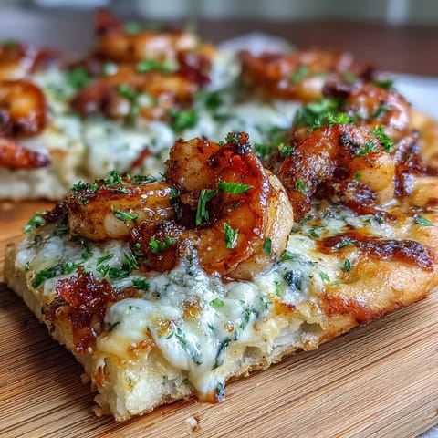 Golden, bubbling mozzarella melts over garlicky shrimp and naan, creating a quick and savory Garlic Butter Shrimp Naan Pizza.