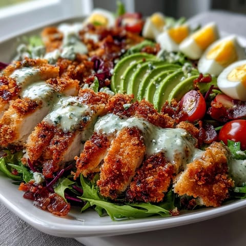 A hearty Parmesan Crusted Chicken Cobb Salad featuring crispy bacon, blue cheese crumbles, and hard-boiled eggs on vibrant greens.  