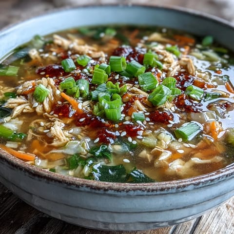 Savory Egg Roll Soup with tender chicken and shredded vegetables, ready to serve in a rustic white bowl.  