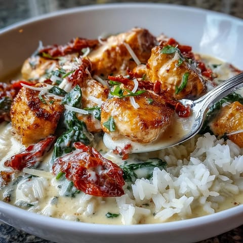 A close-up of creamy Tuscan chicken rice, with tender chicken, melted Parmesan, and wilted spinach filling the pan.  