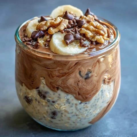 A spoon digs into rich chocolate Chunky Monkey Protein Overnight Oats with chocolate chips and banana, served chilled for breakfast.