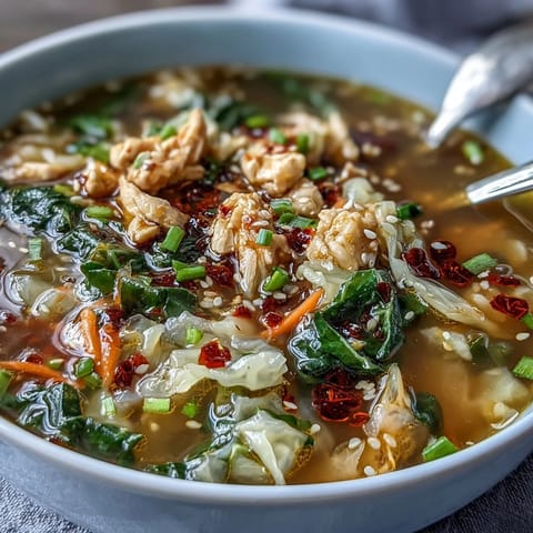 Spicy Egg Roll Soup with Chicken & Cabbage in a steaming bowl with chopsticks ready for dinner.